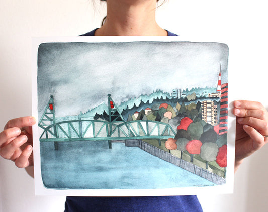 Portland, Oregon Hawthorne Bridge Illustrated Art Print