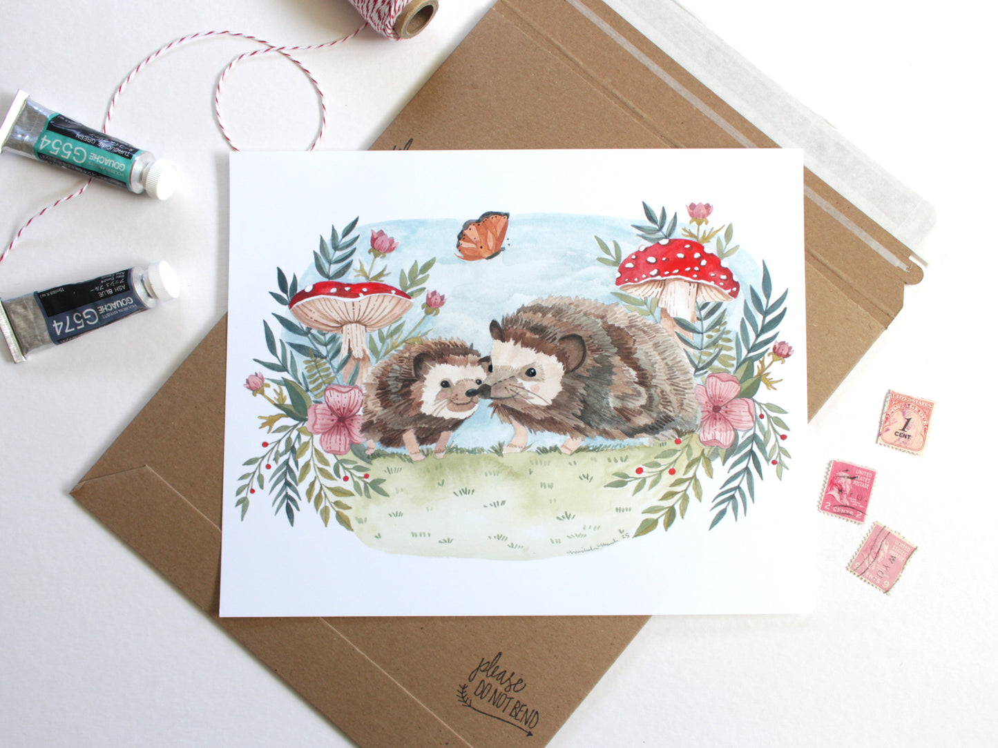Garden Hedgehog Hand Illustrated Art Print 8x10"