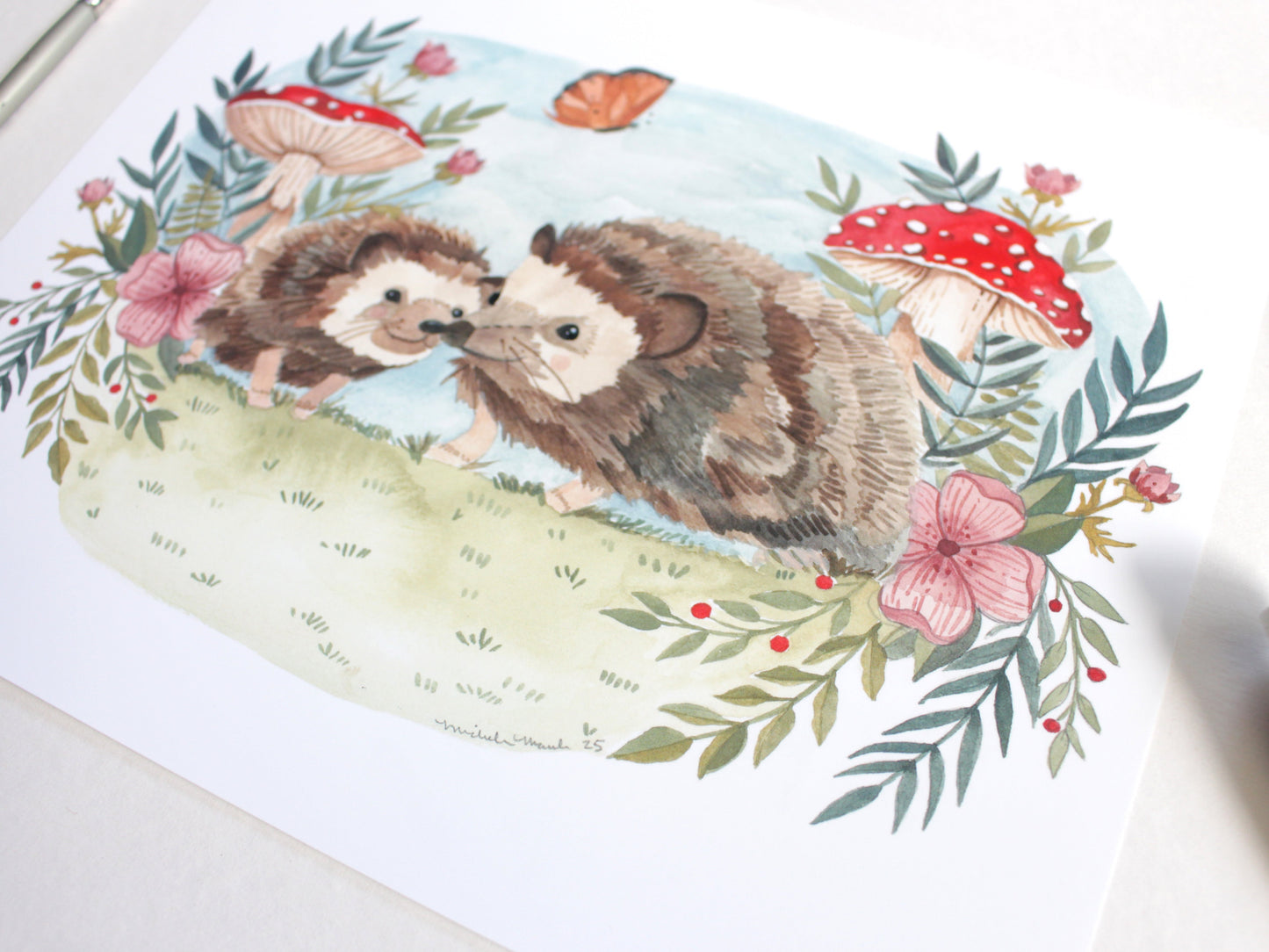 Garden Hedgehog Hand Illustrated Art Print 8x10"