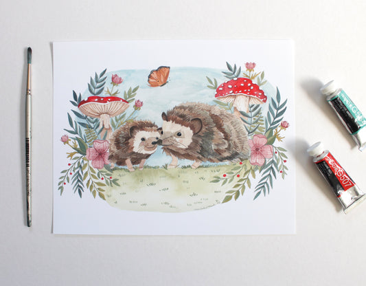 Garden Hedgehog Hand Illustrated Art Print 8x10"