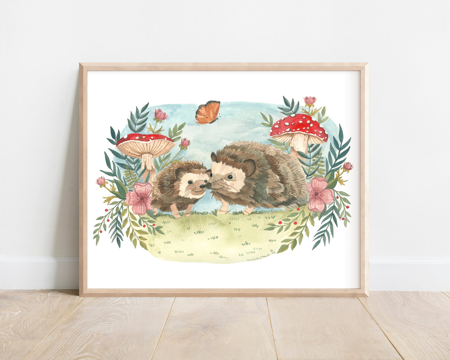 Garden Hedgehog Hand Illustrated Art Print 8x10"