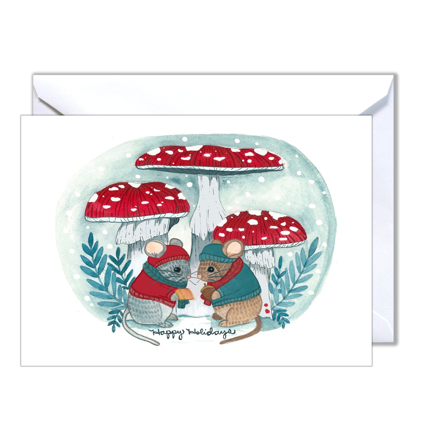 Greeting card with two mice under red mushrooms in a snow globe, with 'Happy Holidays!' text.