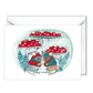Greeting card with two mice under red mushrooms in a snow globe, with 'Happy Holidays!' text.