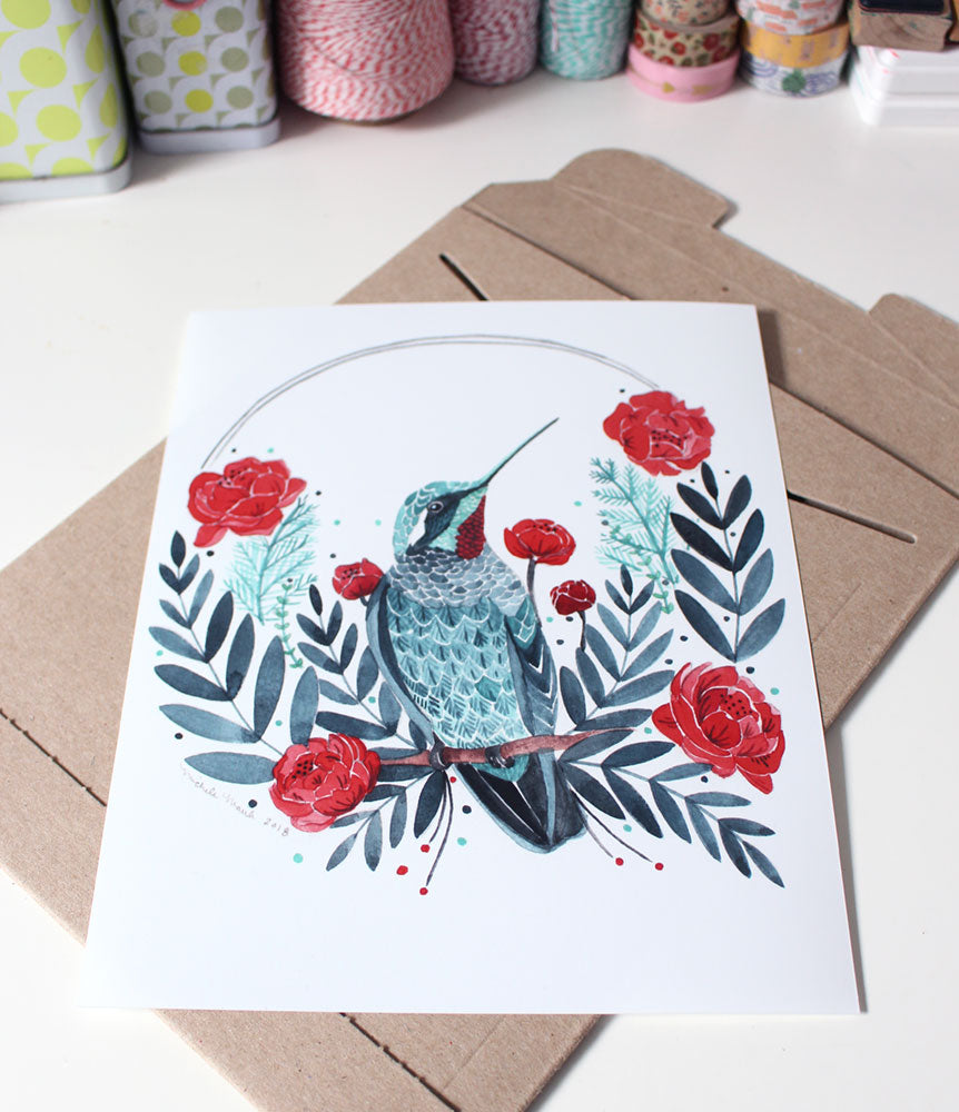 Illustrated Hummingbird Art Print 8x10"