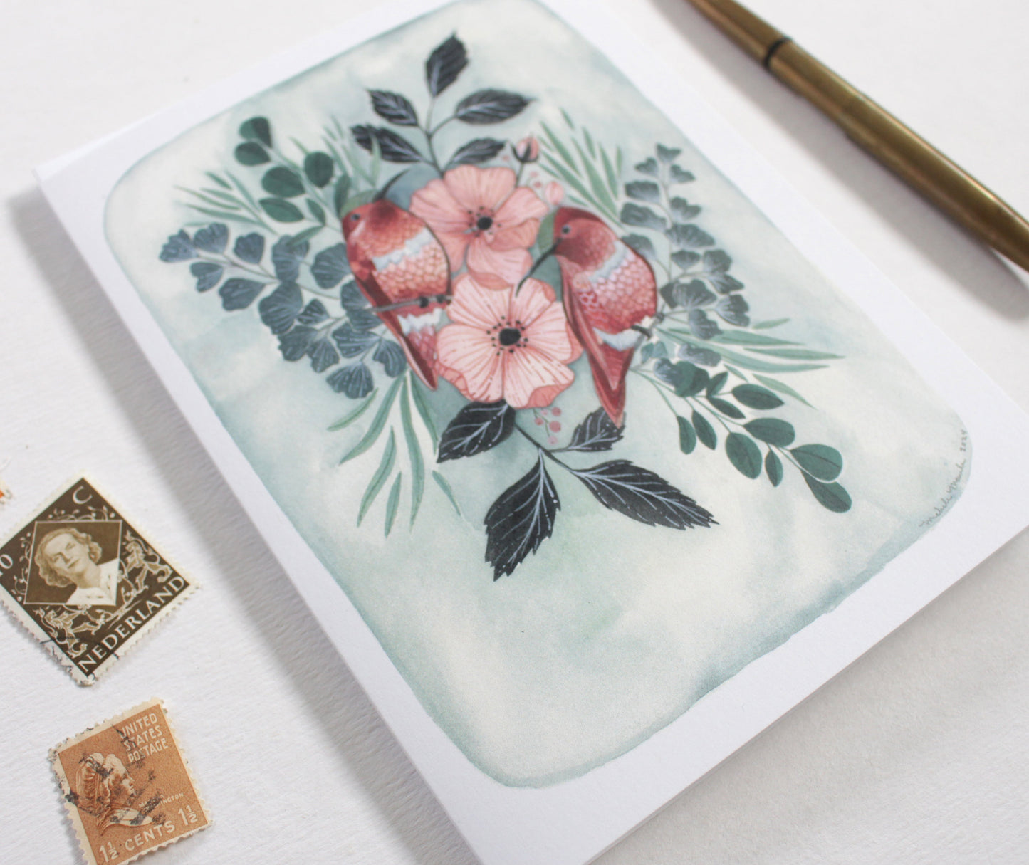 Hummingbird Greeting Card - Hand-drawn Design of Two Birds