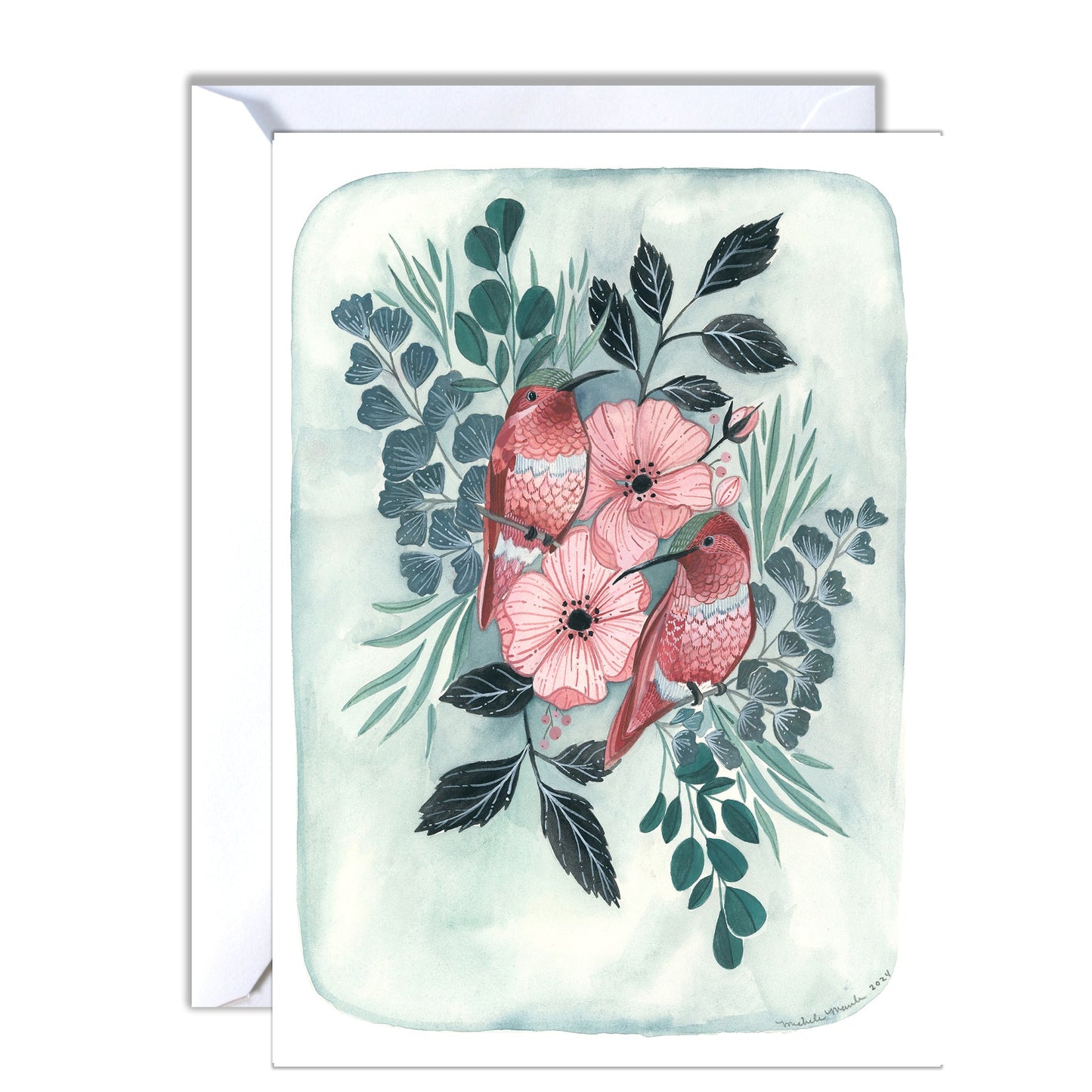 Card with two hummingbirds and flowers on a light green background