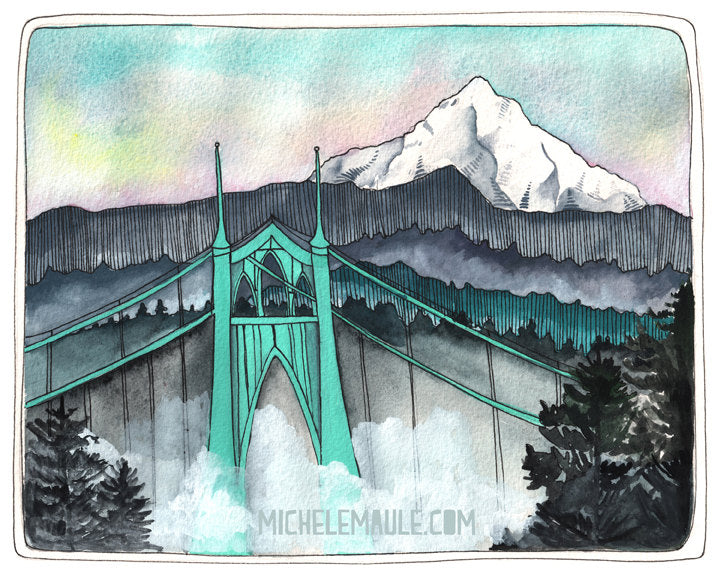 Illustration of Portland, Oregon's St Johns Bridge, with Mt Hood in the background. 