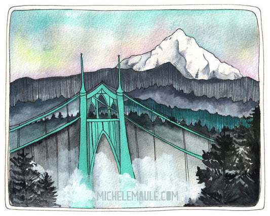Illustration of Portland, Oregon's St Johns Bridge, with Mt Hood in the background. 
