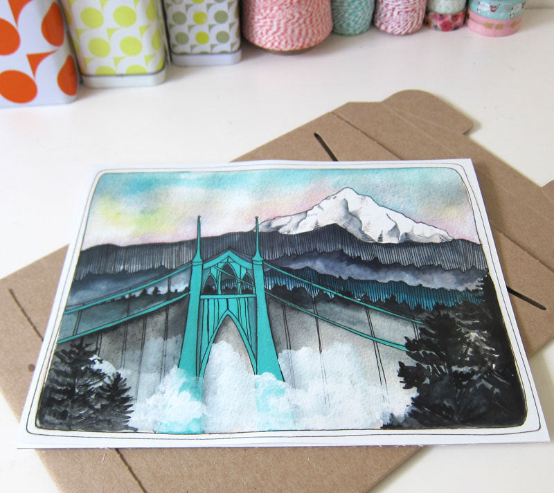 St Johns Bridge Illustration with Mt Hood - 8x10" Print