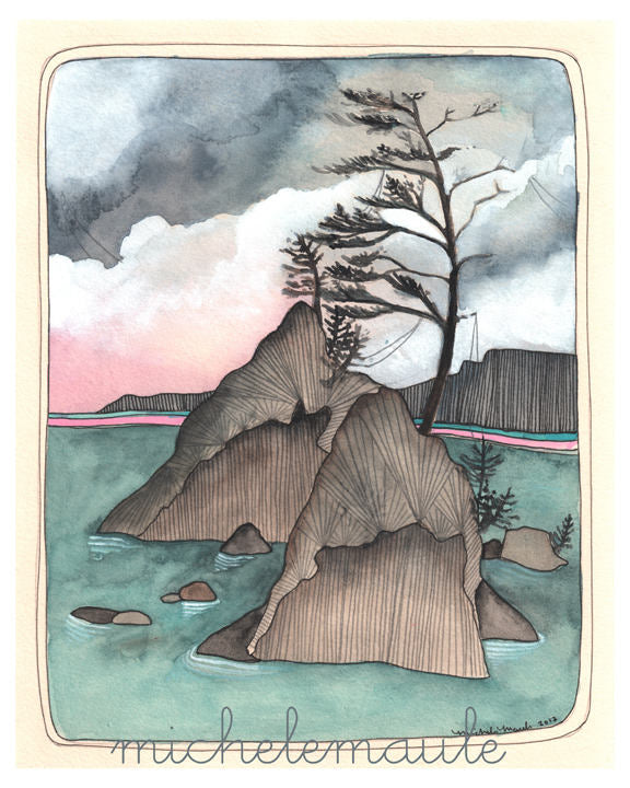 Artistic illustration of the Oregon Coast, featuring The Three Graces. A tree growing out of a large boulder in the Pacific Ocean.
