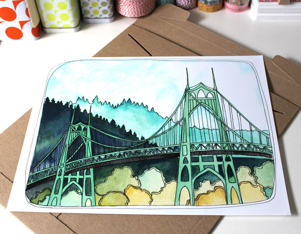 Portland Oregon St Johns Bridge Hand Illustrated Art Print