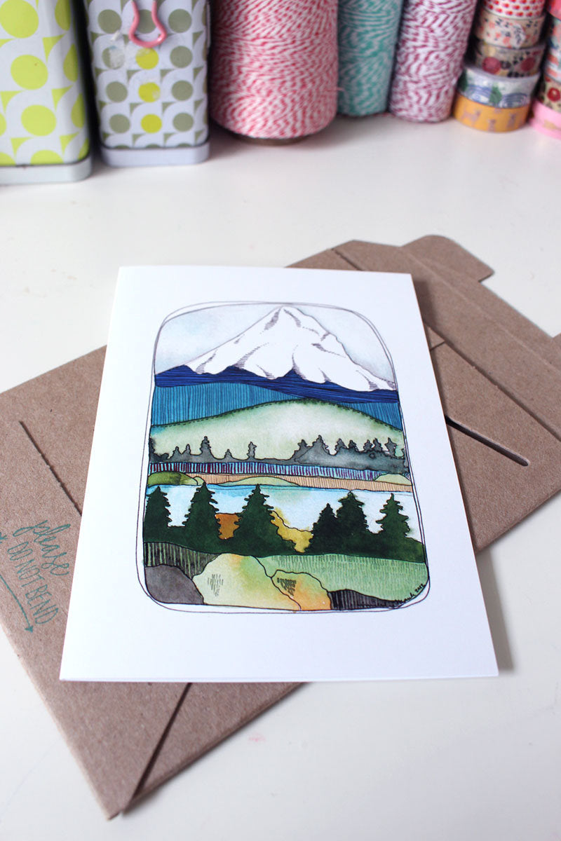 Hand Drawn, Hand Painted, Oregon Greeting Card: Mt Hood View