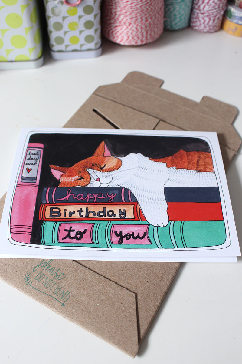Blank Cat Birthday Card - Cat Nap with Books