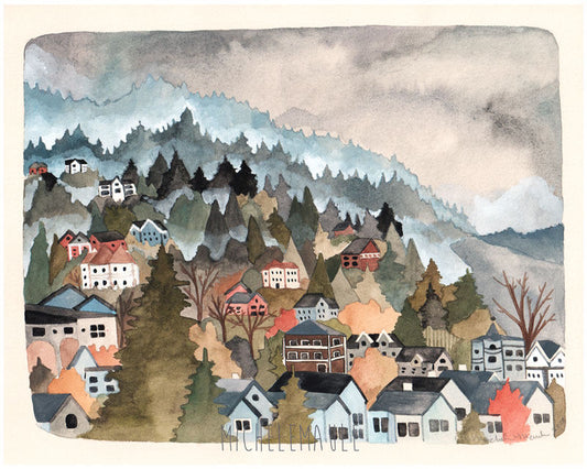 Illustration of a village nestled in a mountainous landscape with trees and mist