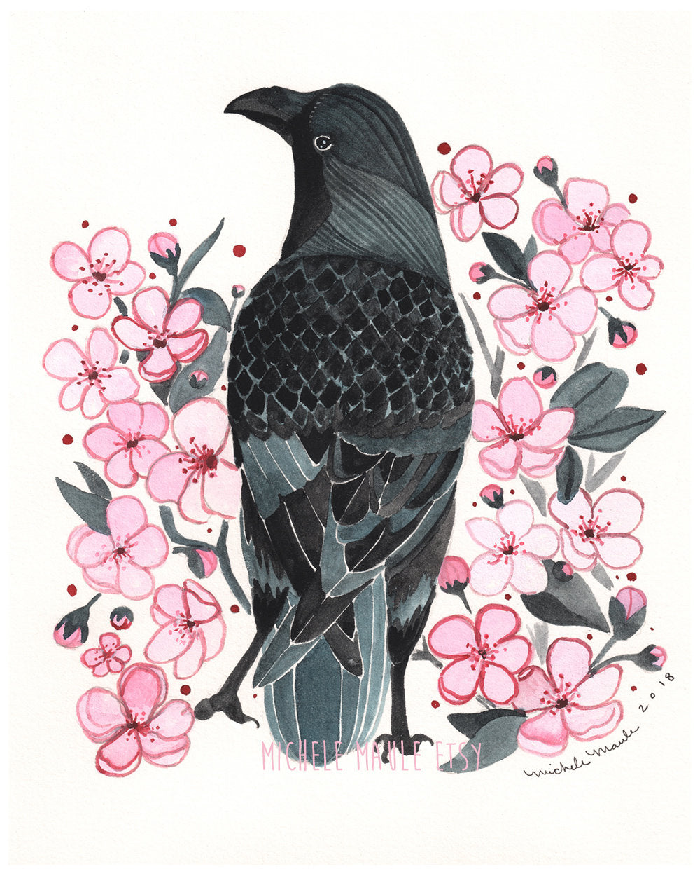 Illustration of a black bird surrounded by pink flowers on a white background