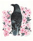 Illustration of a black bird surrounded by pink flowers on a white background