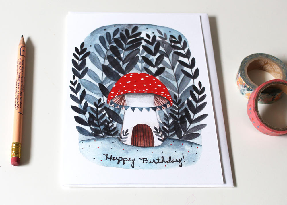 Hand Illustrated Blank Birthday Card - Mushroom House