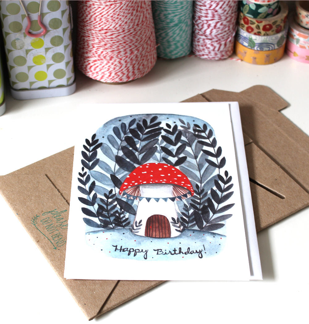 Hand Illustrated Blank Birthday Card - Mushroom House