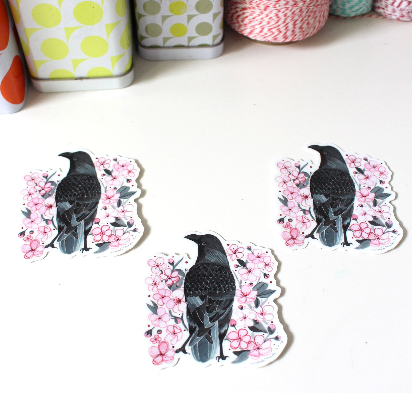 Set of Three Illustrated Crow and Blossoms Vinyl Stickers