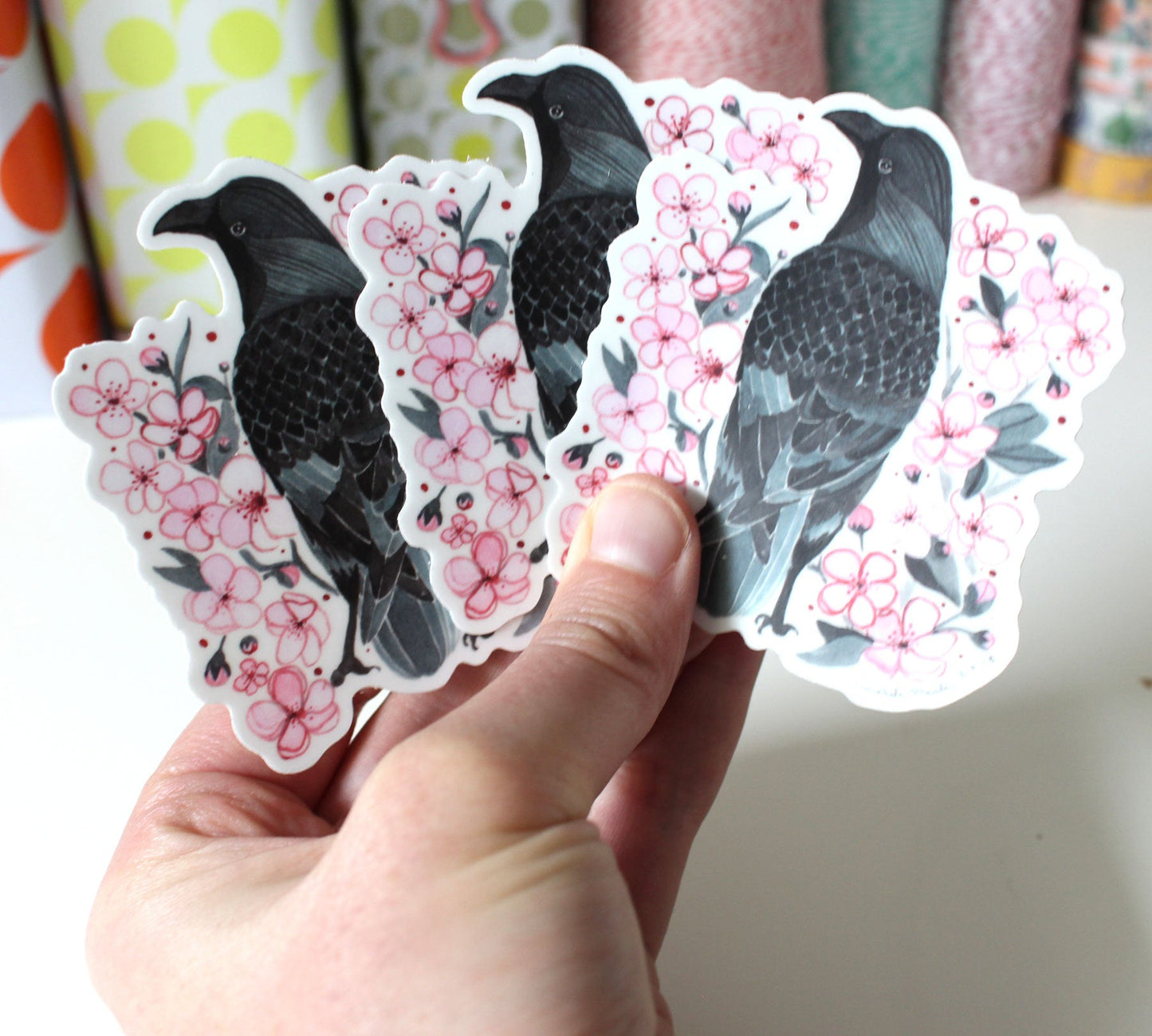 Set of Three Illustrated Crow and Blossoms Vinyl Stickers