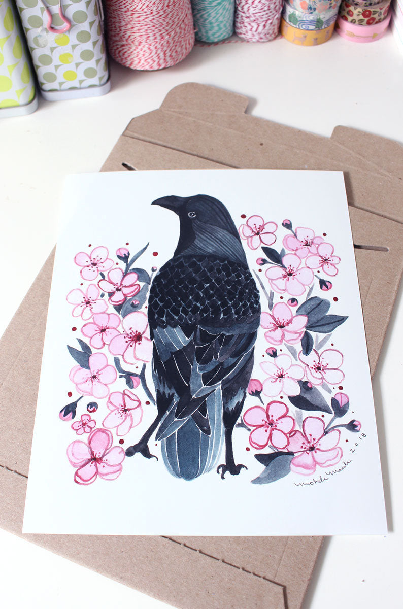 Illustrated Spring Cherry Blossoms with Black Crow 8x10 Print