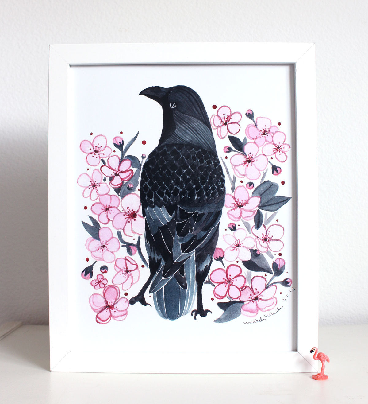 Illustrated Spring Cherry Blossoms with Black Crow 8x10 Print