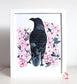 Illustrated Spring Cherry Blossoms with Black Crow 8x10 Print