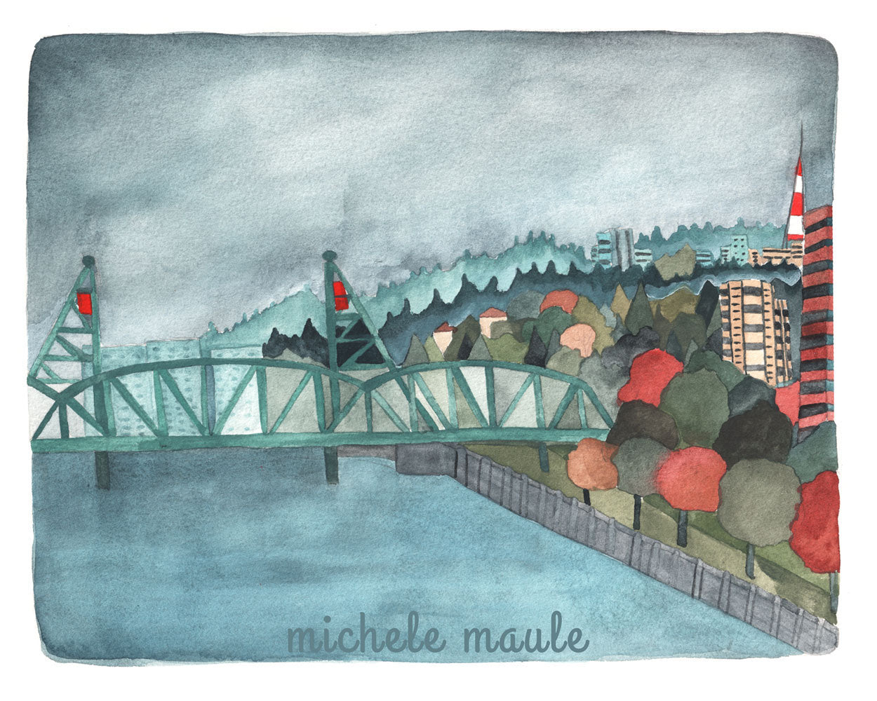 Artistic depiction of the Hawthorn bridge over water with trees and buildings in the background.