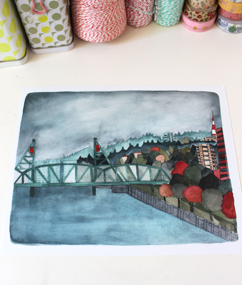 Hand Illustrated 8x10 Print of Portland's Hawthorne Bridge