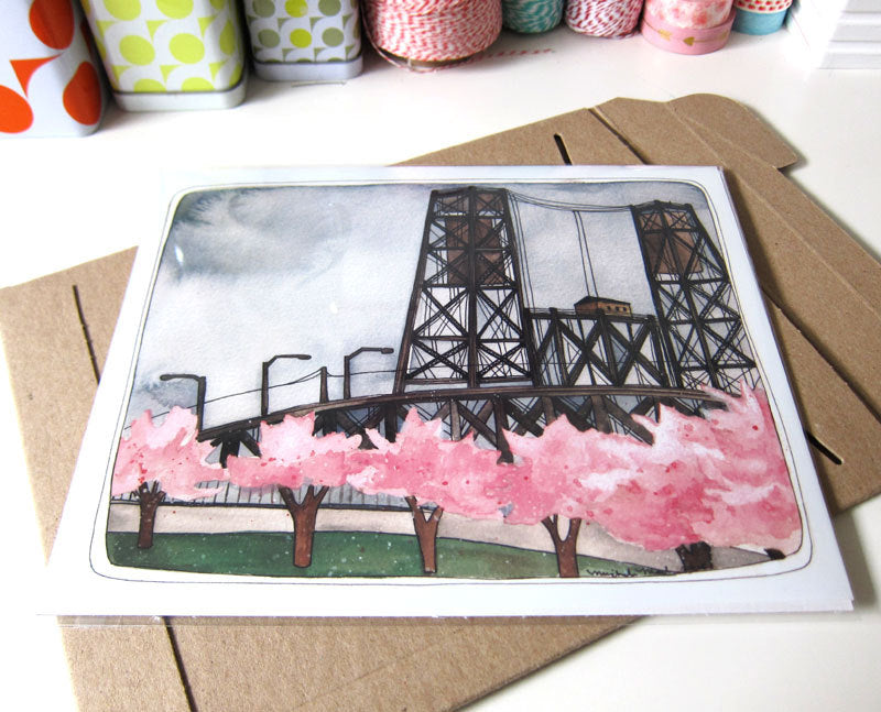 Portland's Steel Bridge with Cherry Blossoms Print of Original Painting
