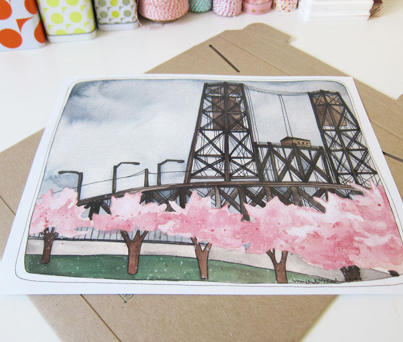 Portland's Steel Bridge with Cherry Blossoms - 11x14" Print