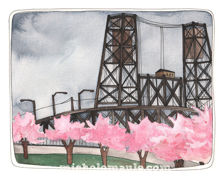 Portland's Steel Bridge with Cherry Blossoms - 11x14" Print