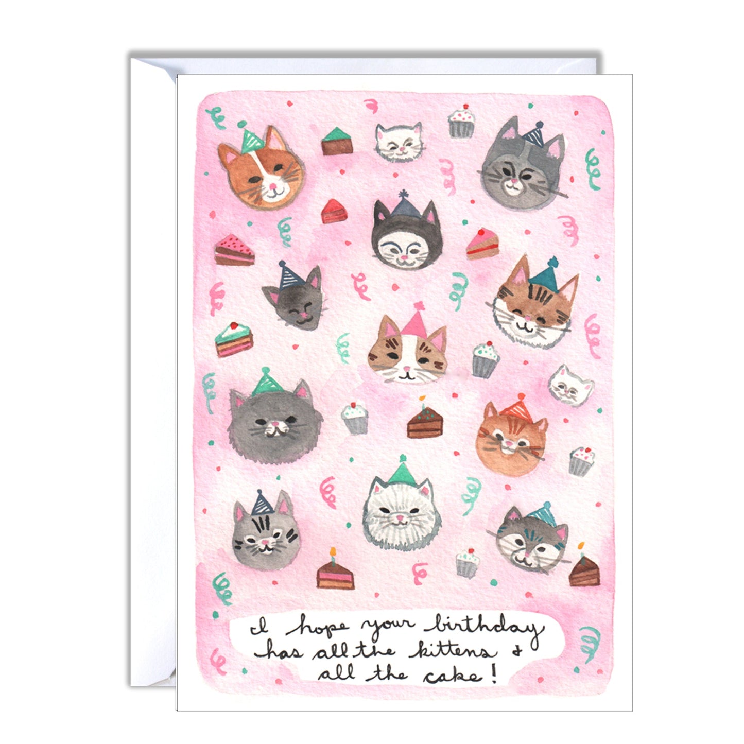Blank Illustrated Birthday Card Kittens and Cake