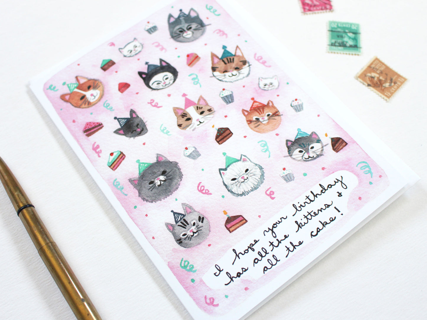 Blank Illustrated Birthday Card Kittens and Cake
