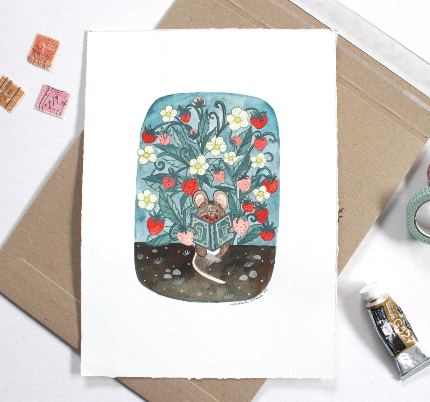 Original Mouse Reading a Book Gouache Painting