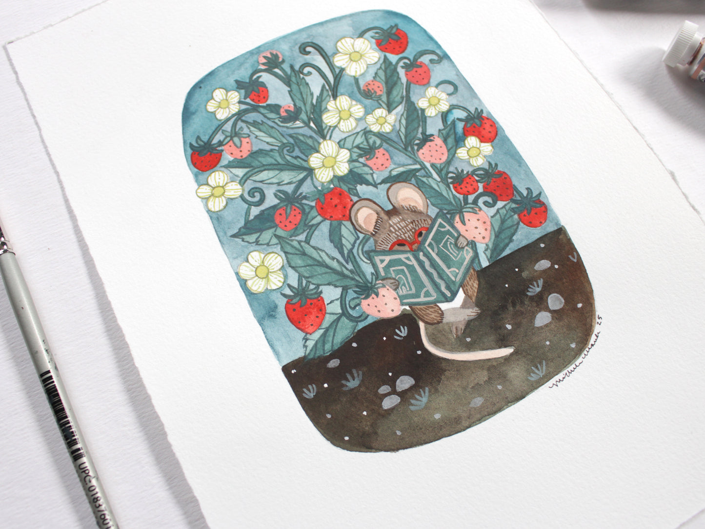 Original Mouse Reading a Book Gouache Painting