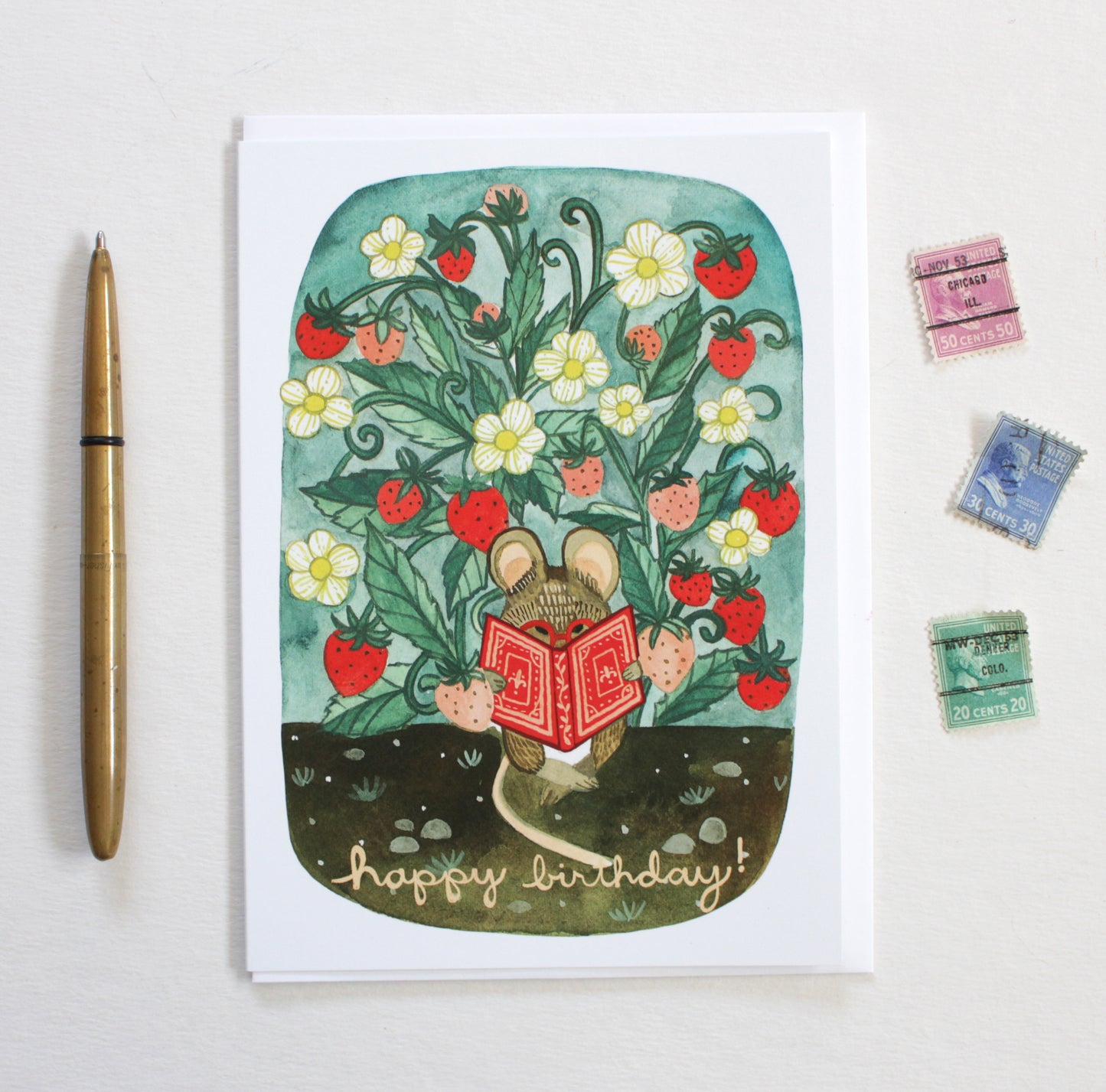 Hand Illustrated Blank Birthday Card - Little Mouse Reading a book