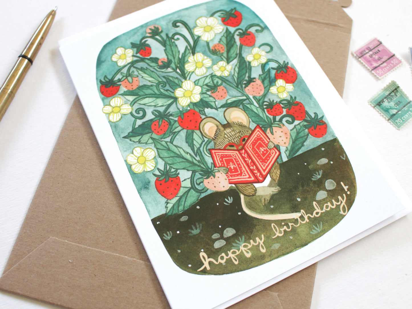 Hand Illustrated Blank Birthday Card - Little Mouse Reading a book