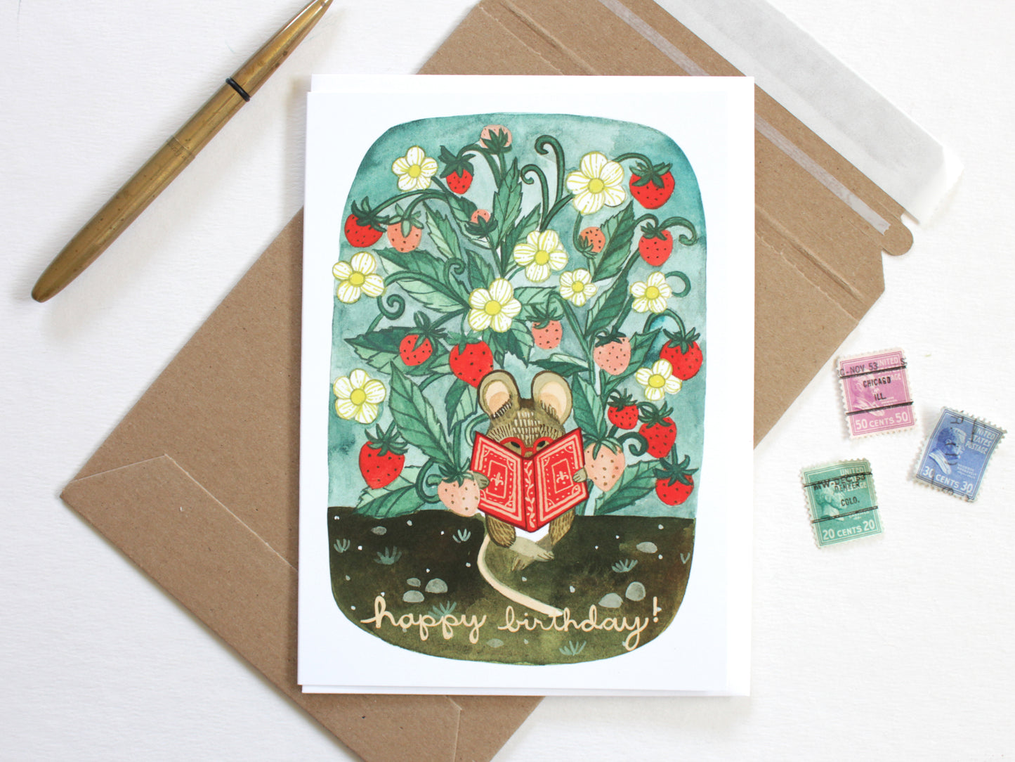 Hand Illustrated Blank Birthday Card - Little Mouse Reading a book