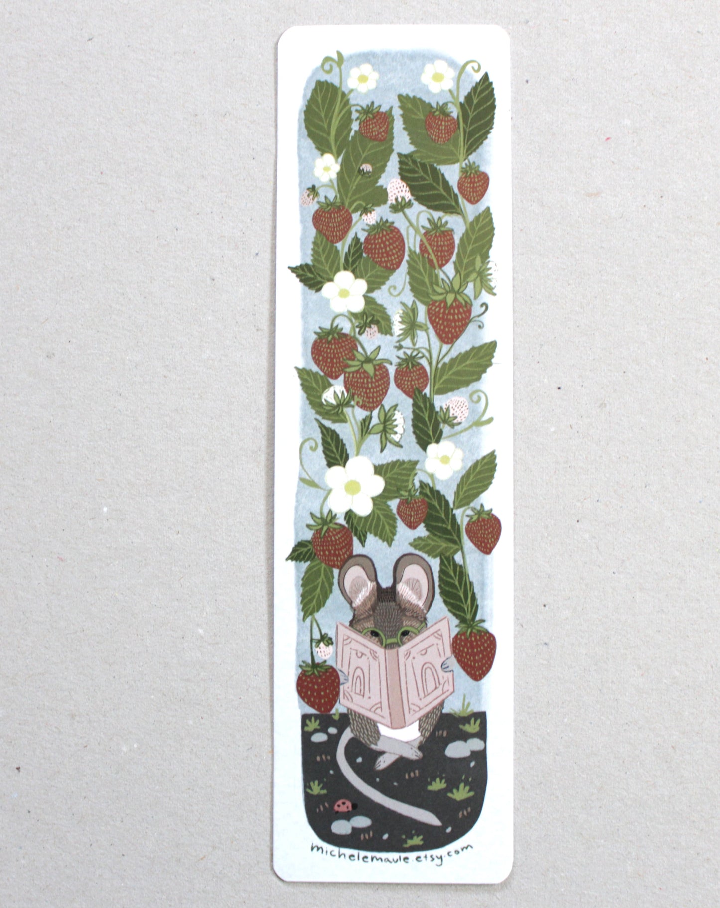 Mouse and Strawberries Two Sided Illustrated Bookmark