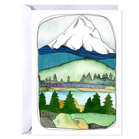Watercolor illustration of the Mt Hood  landscape with trees.
