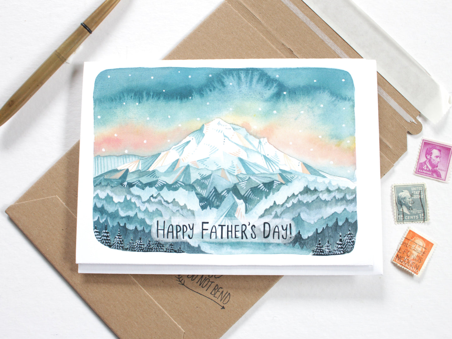 Hand Drawn, Hand Painted, Father's Day Card with Mt Hood View