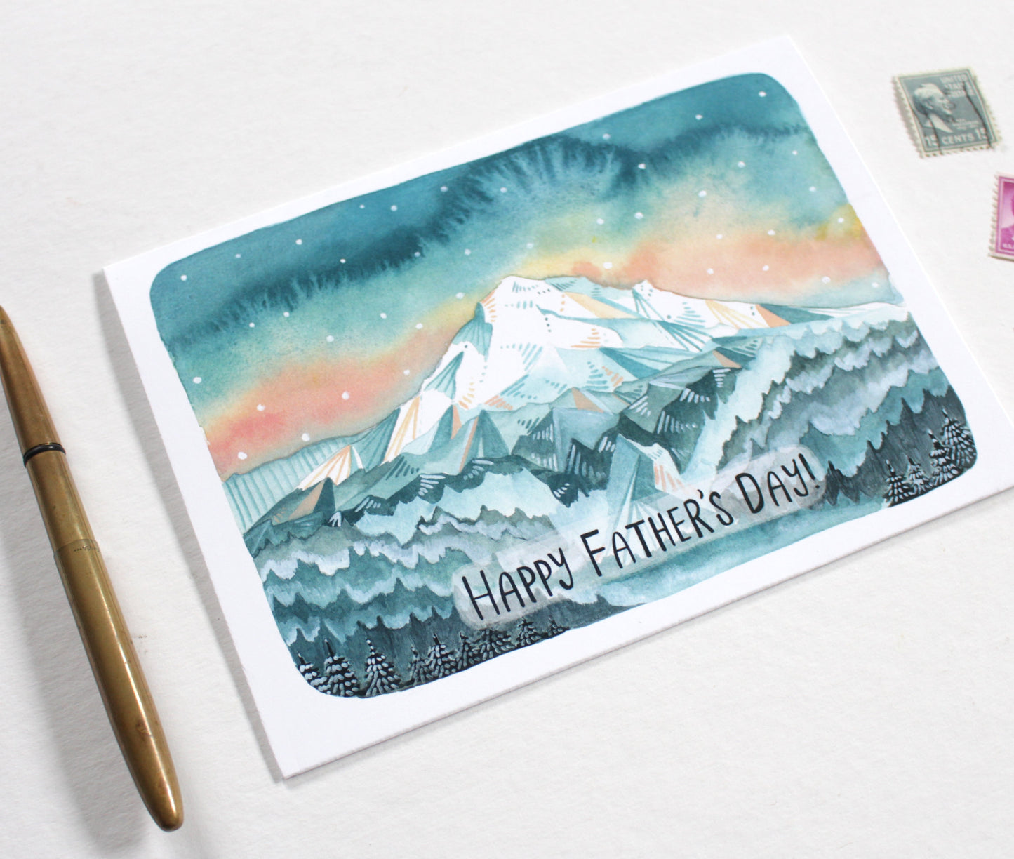 Hand Drawn, Hand Painted, Father's Day Card with Mt Hood View