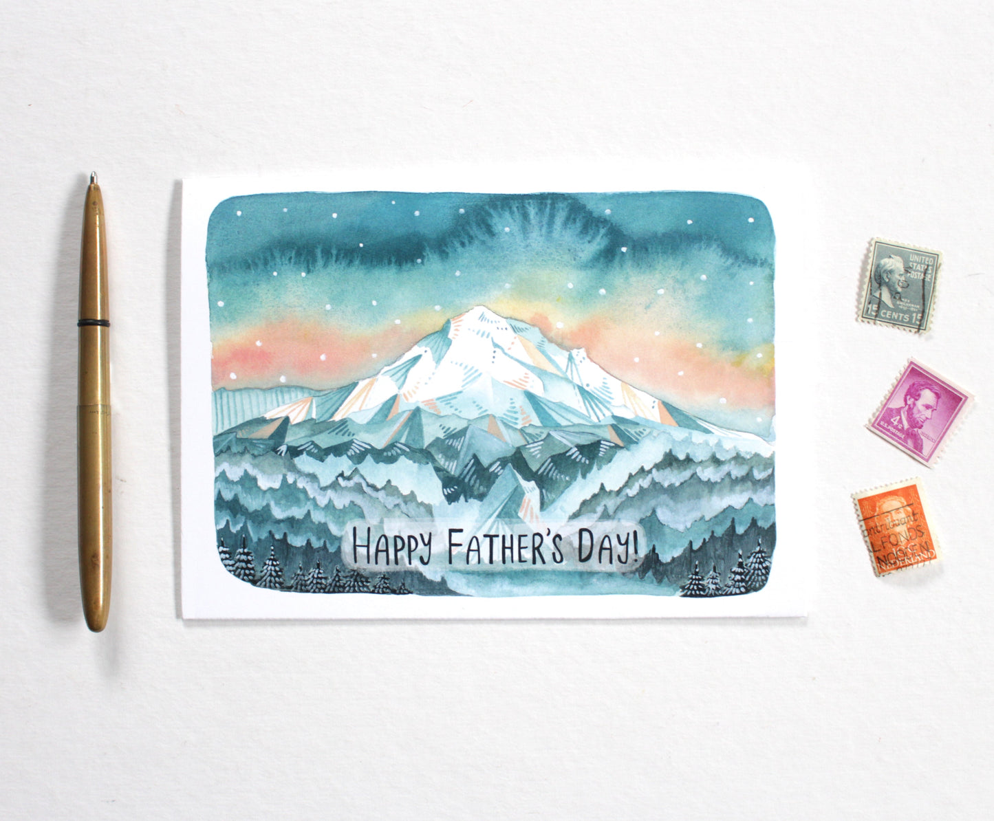 Hand painted greeting card with mountain design and 'Happy Father's Day!' text, 