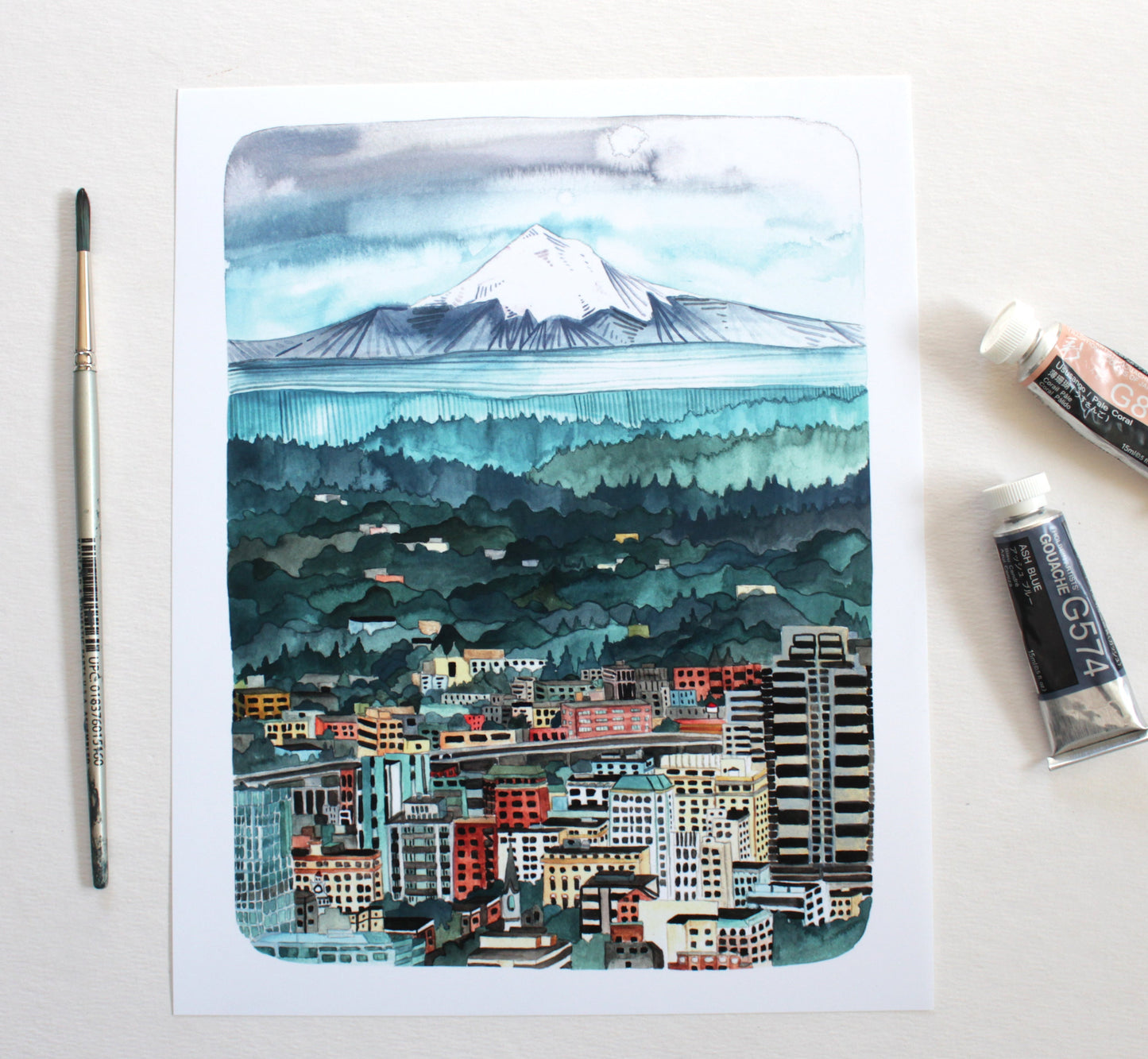 Portland, Oregon Landscape Print with Mt Hood - 8x10 Print