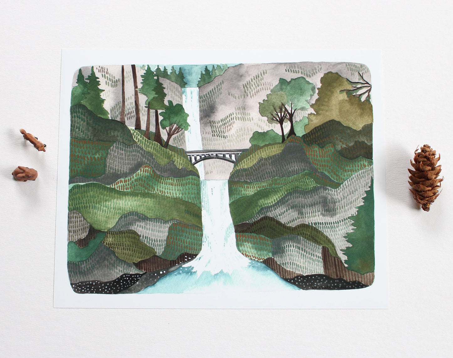 Oregon's Multnomah Falls Illustrated 8x10 Print