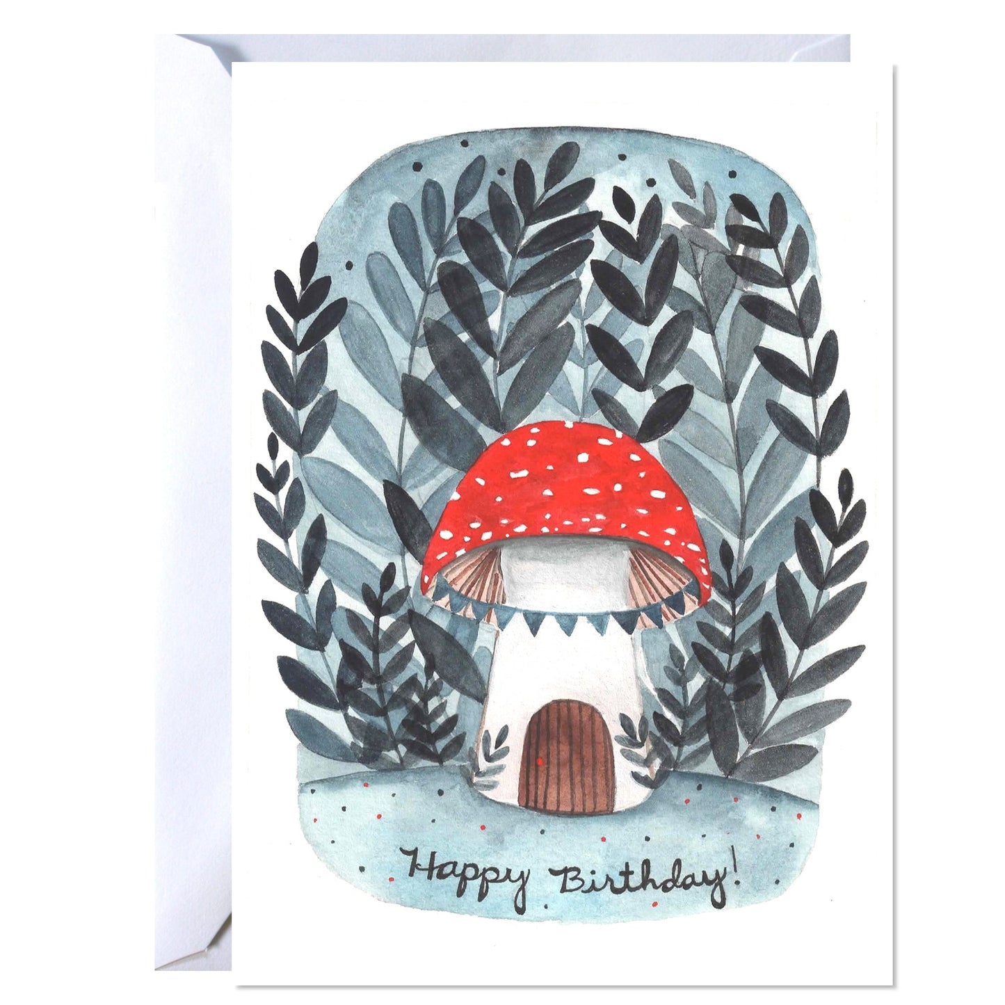 Greeting card with a mushroom house and red cap surrounded by leaves, featuring 'Happy Birthday!' text.