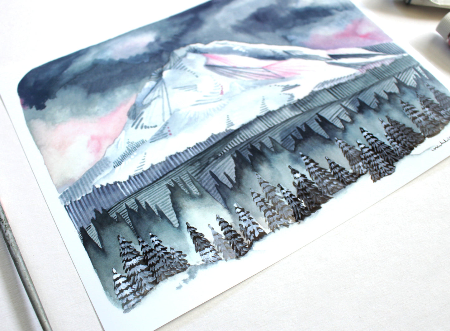 Mountain Illustration Art Print - Mt Hood in Pinks and Blues