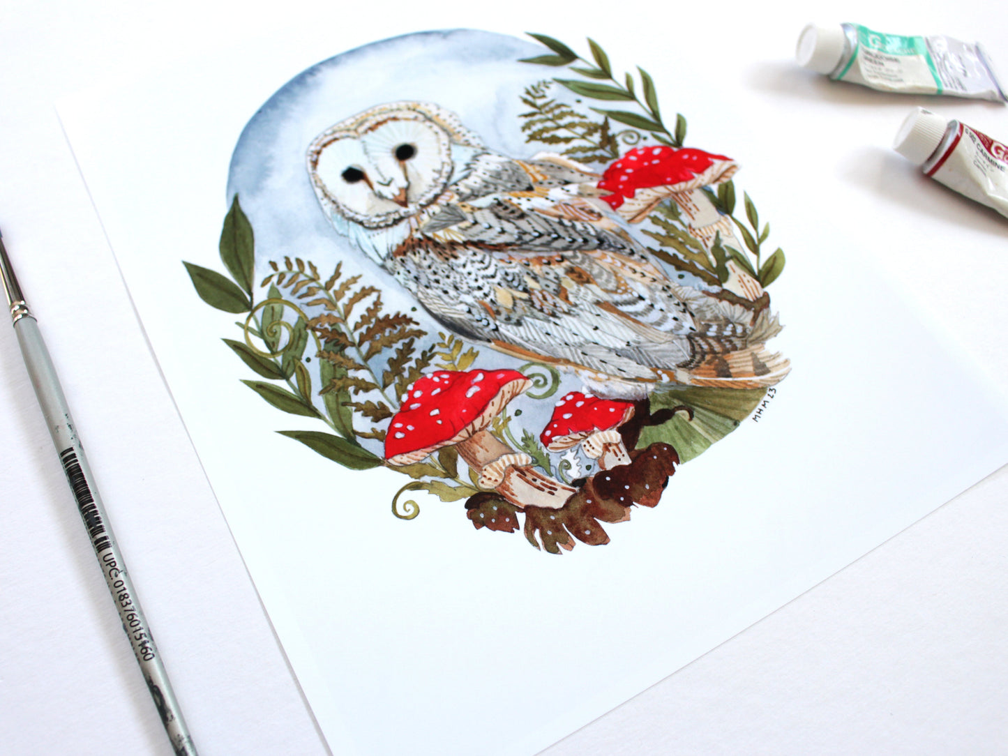 Illustrated Woodland Barn Owl Art Print - 8x10"