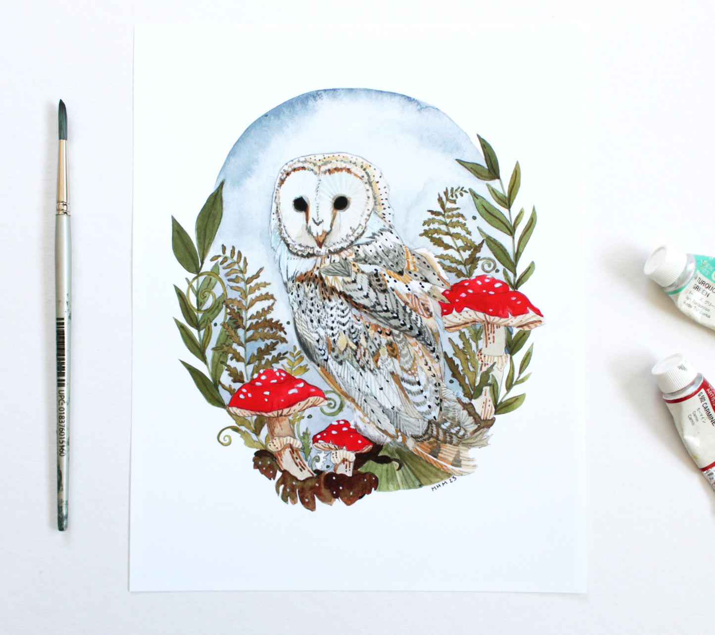 Illustrated Woodland Barn Owl Art Print - 8x10"